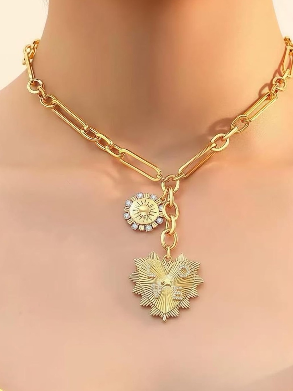 New color Gold Sun & Heart Charm Chain Necklace